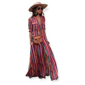 All Things Mochi Isabella Rainbow Stripe Shirt Maxi Dress Sz XS NO BELT